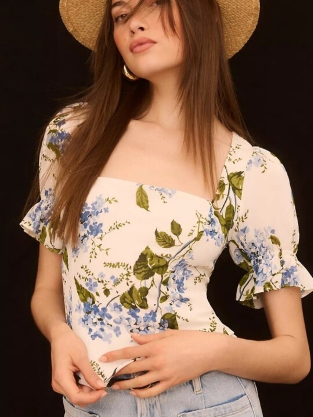 Reformation White Floral Square-Neck Puff Sleeve Top with Blue and Green Print